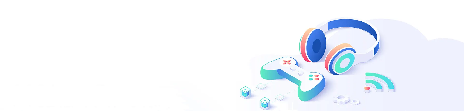 游戏出海主视觉：耳机与游戏手柄悬浮在淡紫色云朵上，点缀 Wi-Fi 信号与齿轮元素